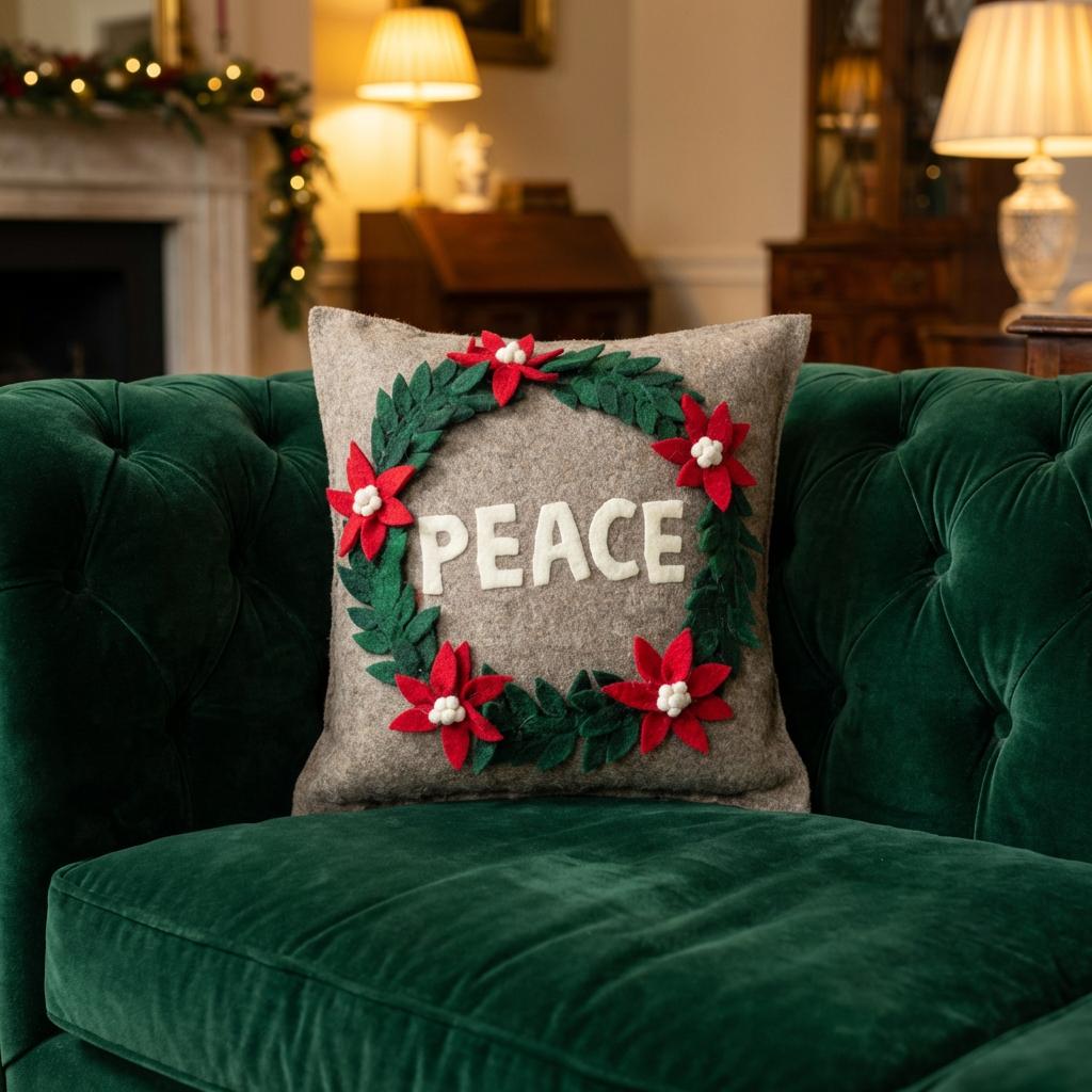 Hand Felted Wool Christmas Pillow - PEACE Wreath Natural Gray - 20" Arcadia Home - Che Cose Belle