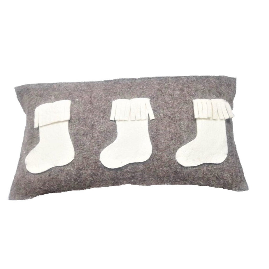 Hand Felted Wool Christmas Pillow – White Stockings Gray – 12x24” Arcadia Home
