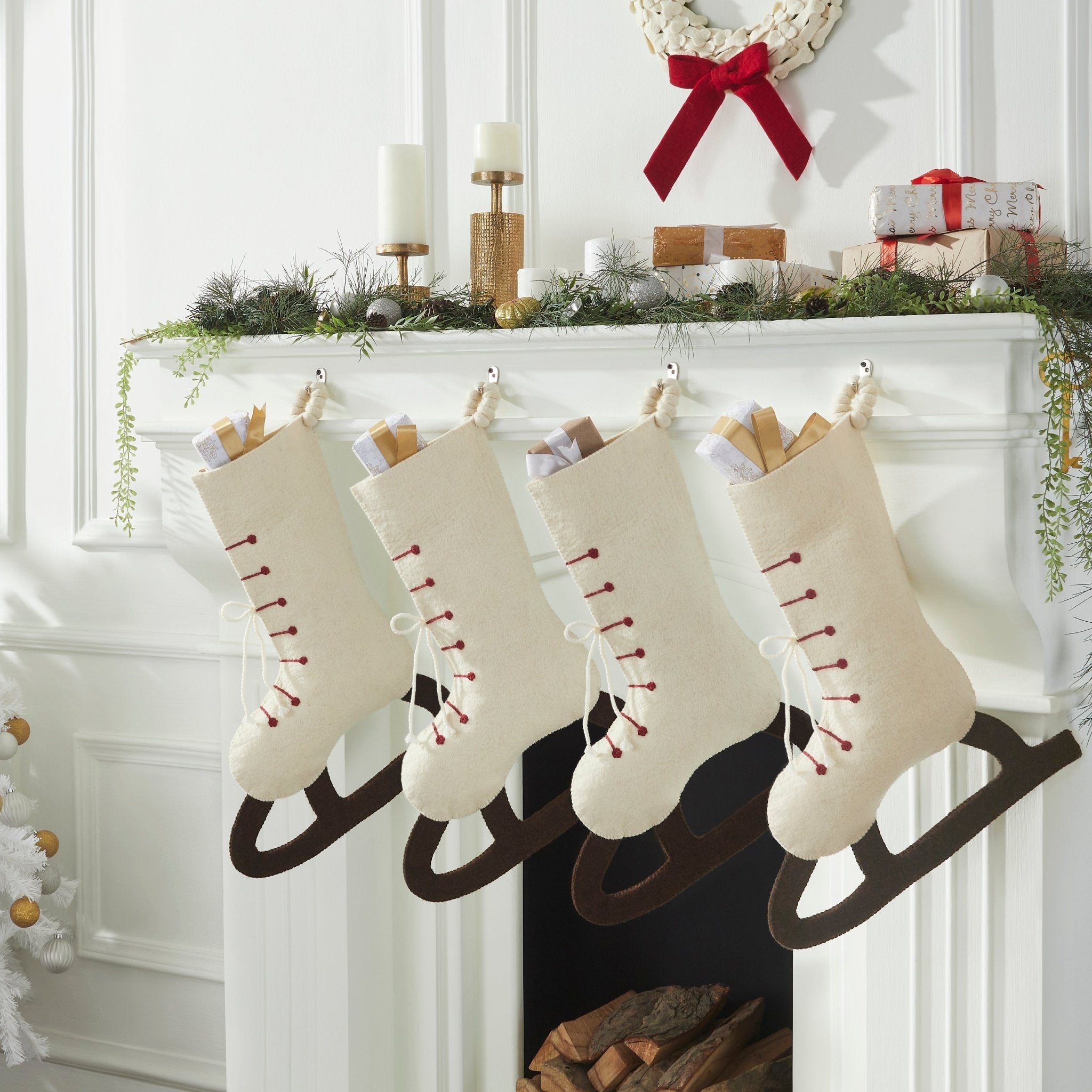 Ice Skate Hand Felted Wool Cream Christmas Stocking Skate Arcadia Home