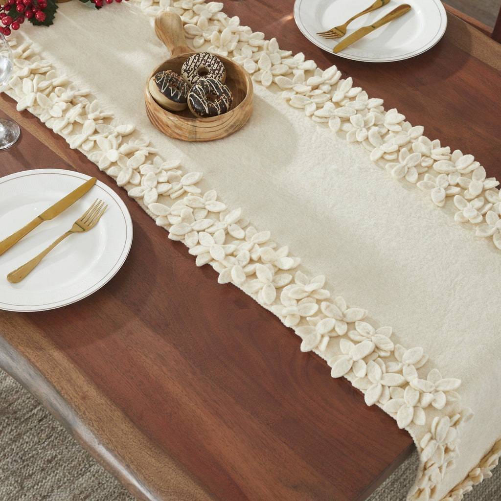 Hand Felted Wool Floral Border Table Runner Cream, 16x90" Arcadia Home - Che Cose Belle