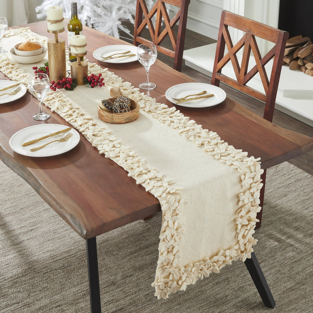 Hand Felted Wool Floral Border Table Runner Cream, 16x90" Arcadia Home - Che Cose Belle