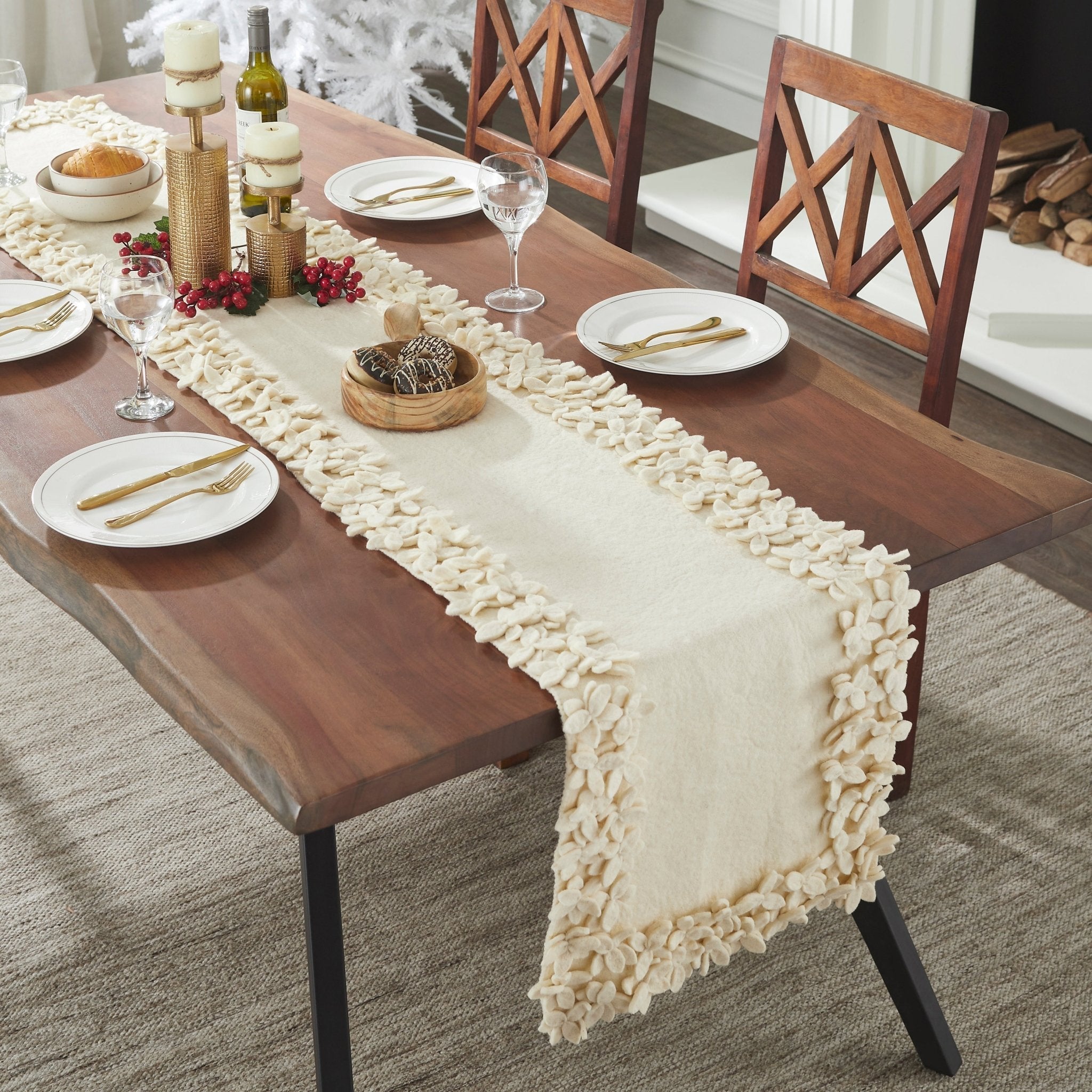 Hand Felted Wool Floral Border Table Runner Cream, 16x90" Arcadia Home - Che Cose Belle
