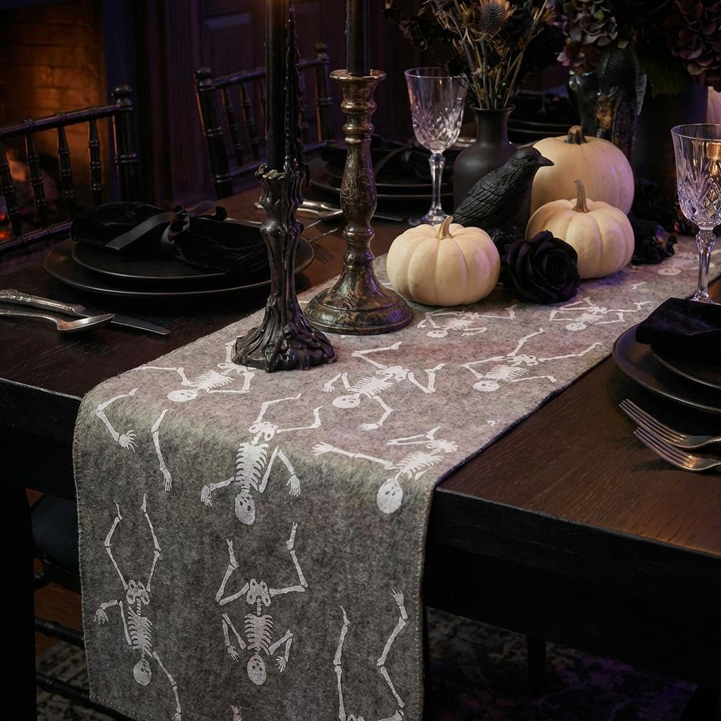 Hand Felted Wool Halloween Skeleton Table Runner - 16x72" Arcadia Home - Che Cose Belle