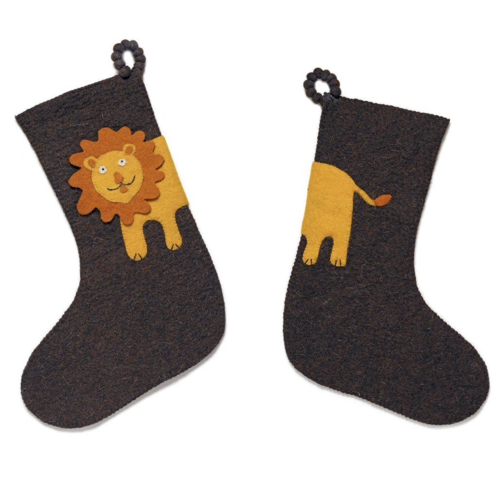 Hand Felted Wool Kids Christmas Stocking - Double Sided Lion Chocolate Arcadia Home