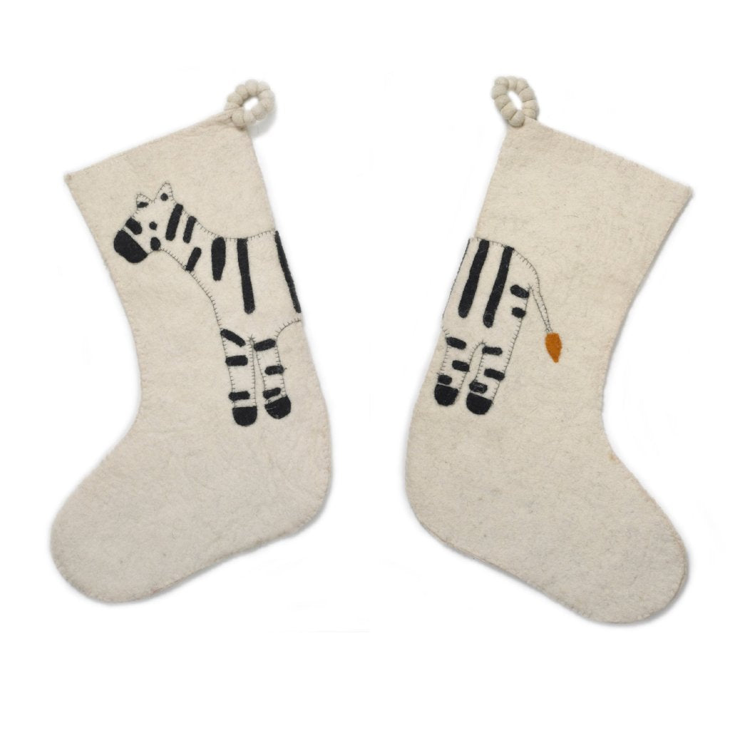 Zebra Double Sided Cream Hand Felted Wool Kids Christmas Stocking Cream Arcadia Home
