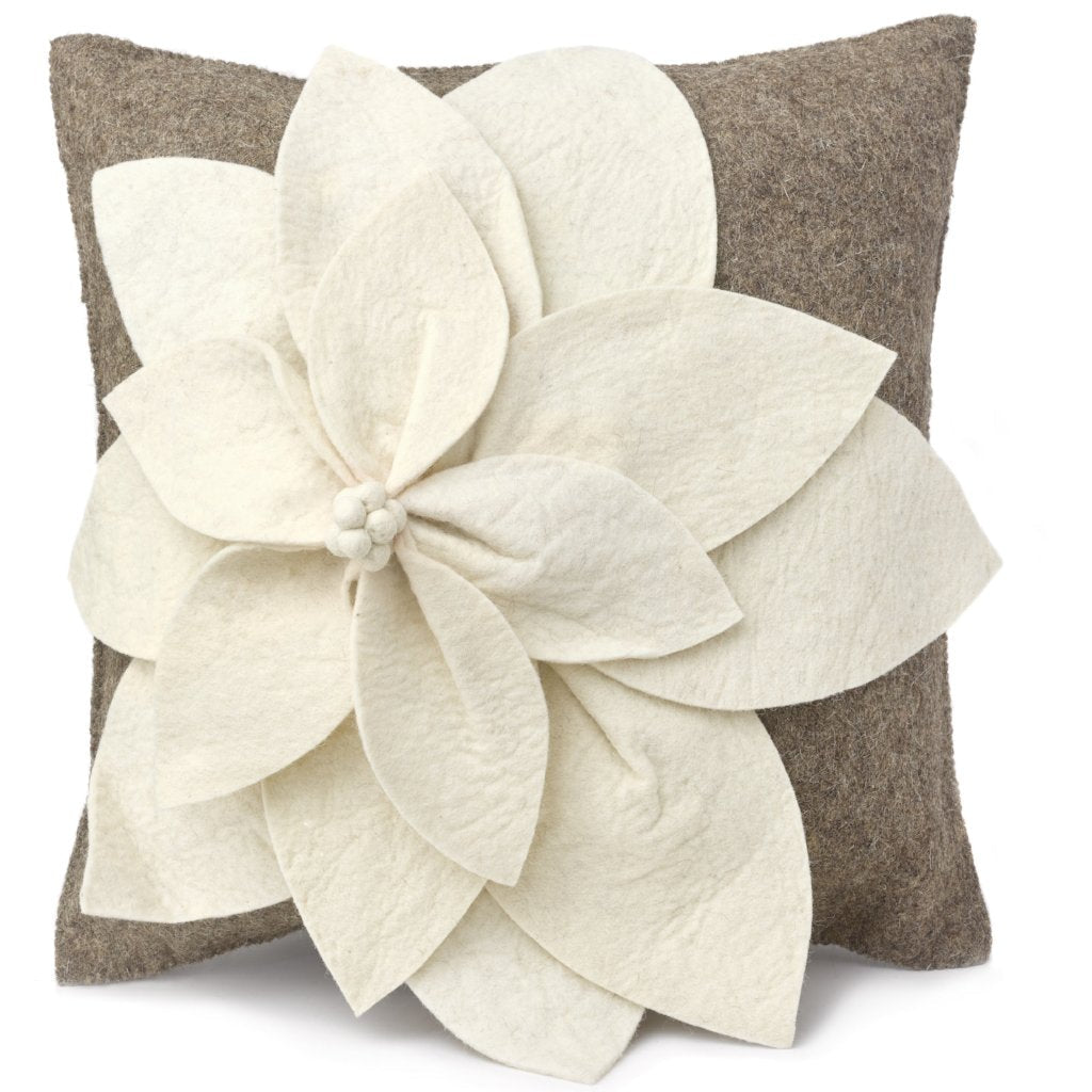 Hand Felted Wool Pillow - 3D Flower Cream Gray - 20" Arcadia Home - Che Cose Belle
