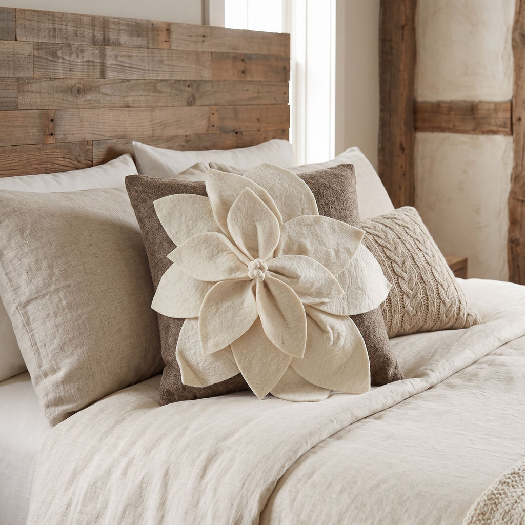 Hand Felted Wool Pillow - 3D Flower Cream Gray - 20" Arcadia Home - Che Cose Belle