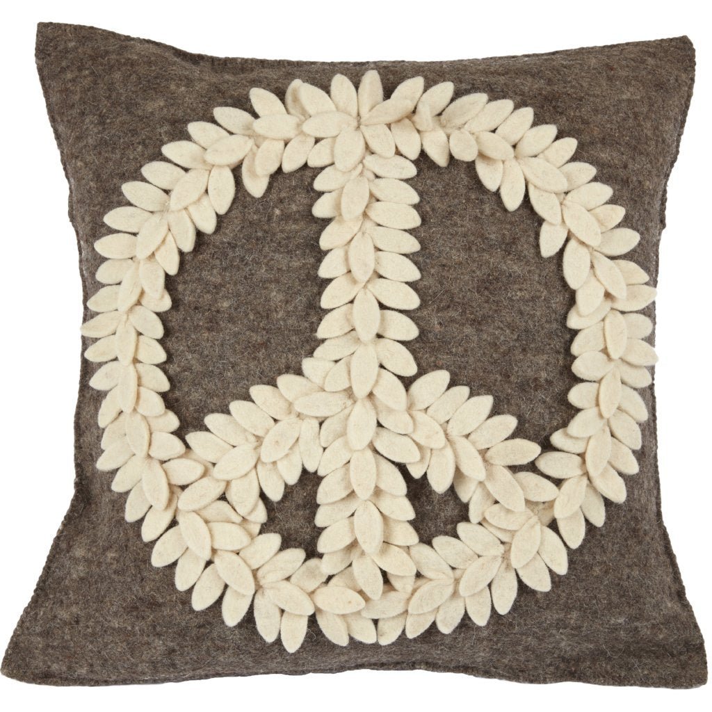 Hand Felted Wool Pillow Cover, Cream Peace Sign Gray, 20" Arcadia Home - Che Cose Belle