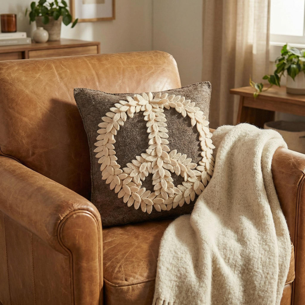 Hand Felted Wool Pillow Cover, Cream Peace Sign Gray, 20" Arcadia Home - Che Cose Belle