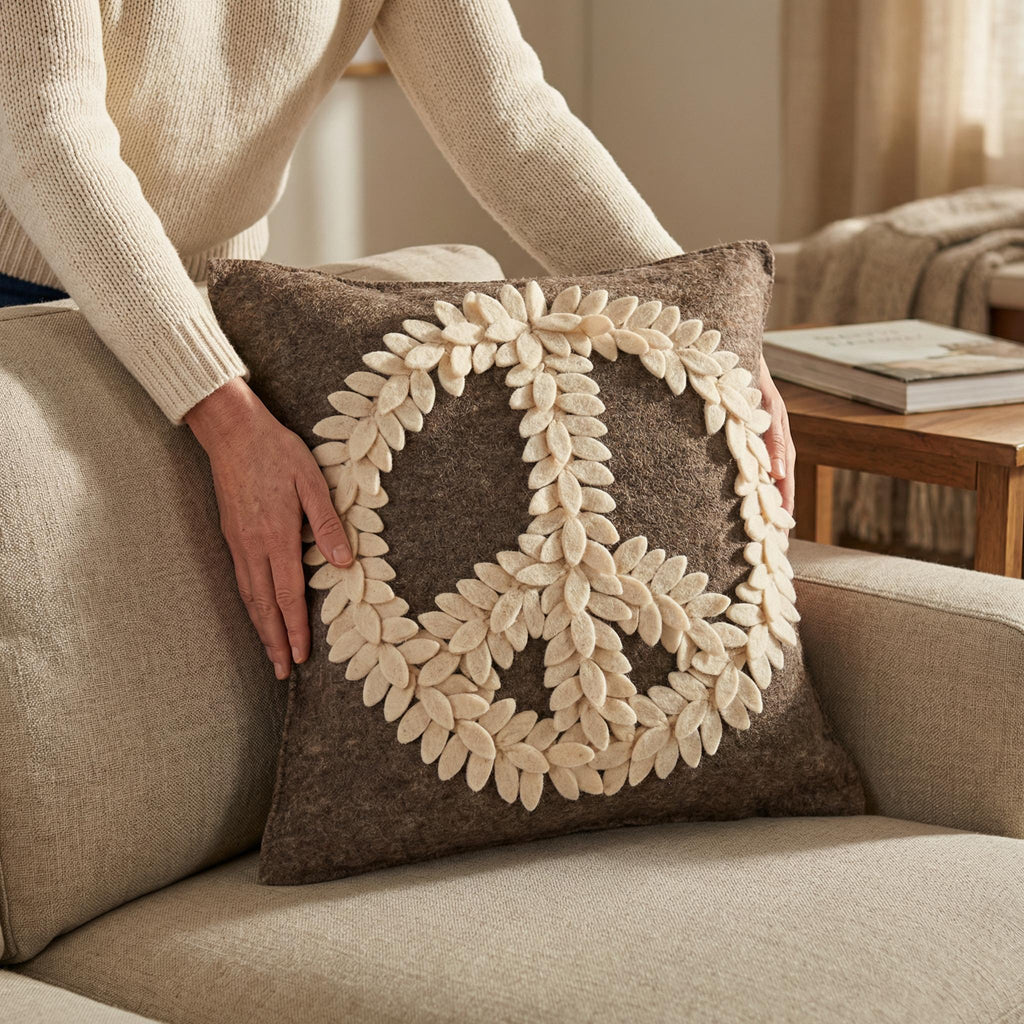 Hand Felted Wool Pillow Cover, Cream Peace Sign Gray, 20" Arcadia Home - Che Cose Belle