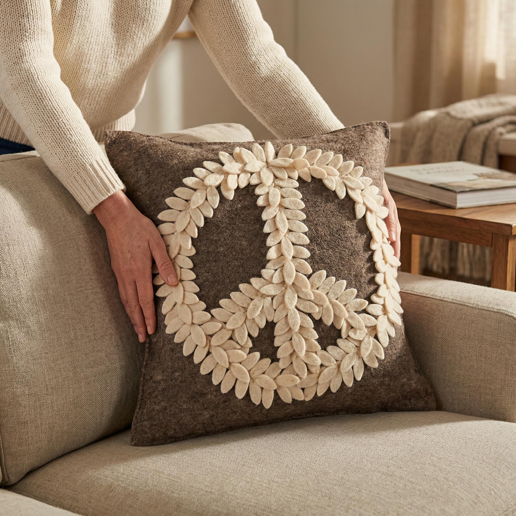 Hand Felted Wool Pillow Cover, Cream Peace Sign Gray, 20" Arcadia Home - Che Cose Belle