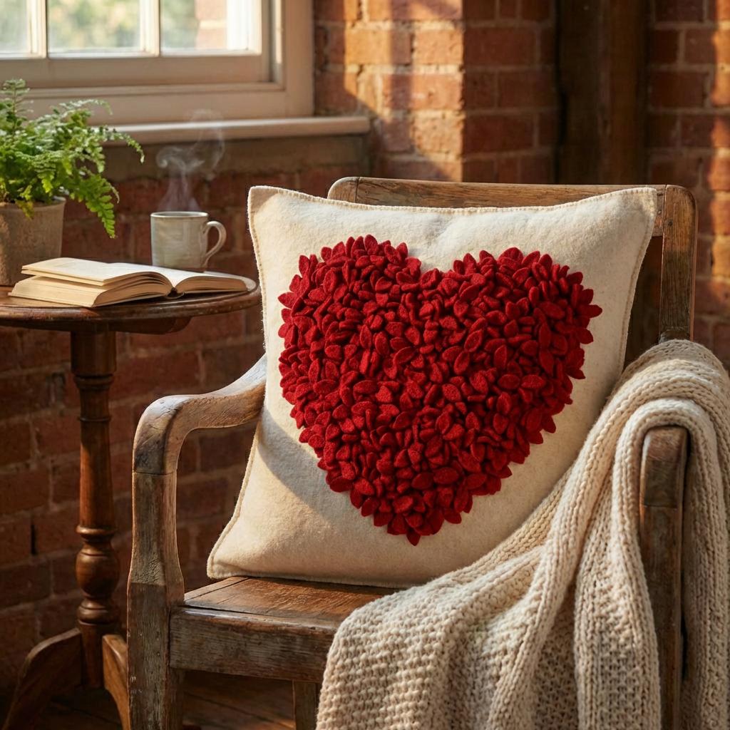 Hand Felted Wool Pillow Cover - Red Heart Cream - 20" Arcadia Home - Che Cose Belle