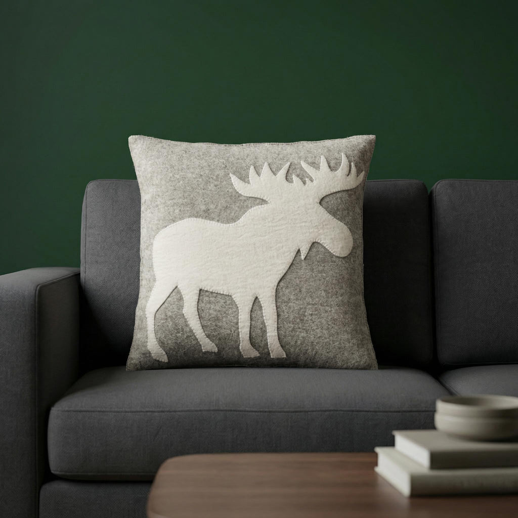 Hand Felted Wool Pillow - Cream Moose Silhouette Gray - 20" Arcadia Home - Che Cose Belle