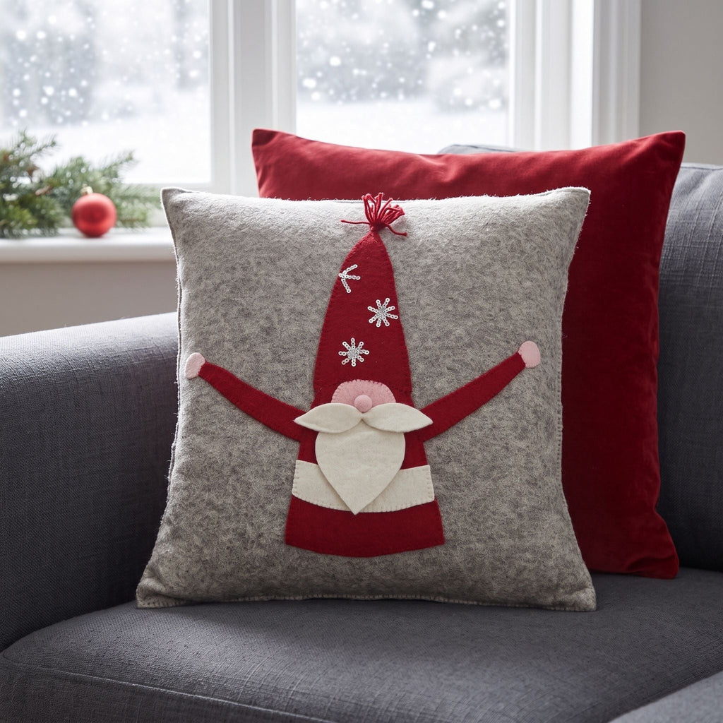 Hand Felted Wool Pillow - Gnome Red Sequin Hat - 20" Arcadia Home - Che Cose Belle
