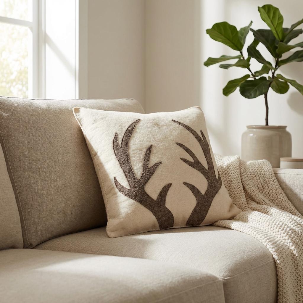Hand Felted Wool Pillow - Gray Antlers Cream - 20" Arcadia Home