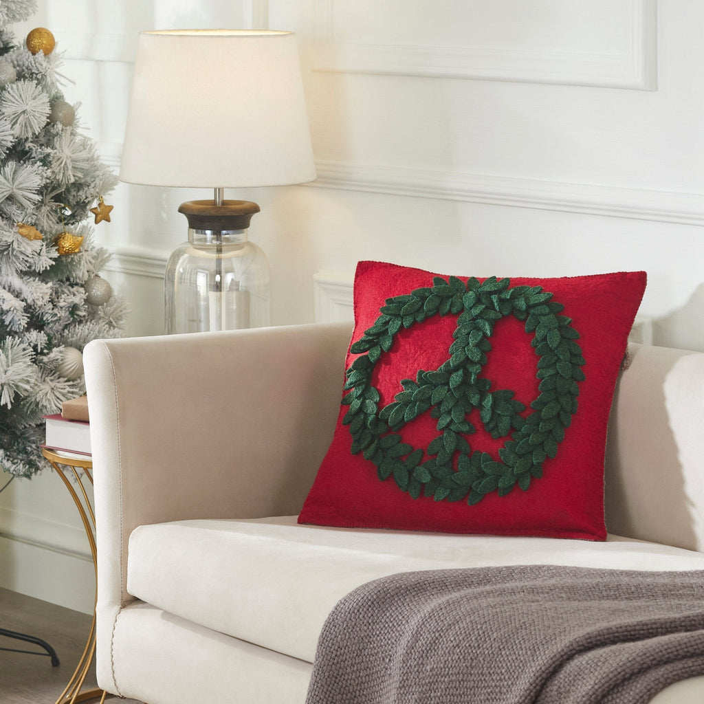 Hand Felted Wool Pillow, Green Peace Sign Red‚ 20" Arcadia Home