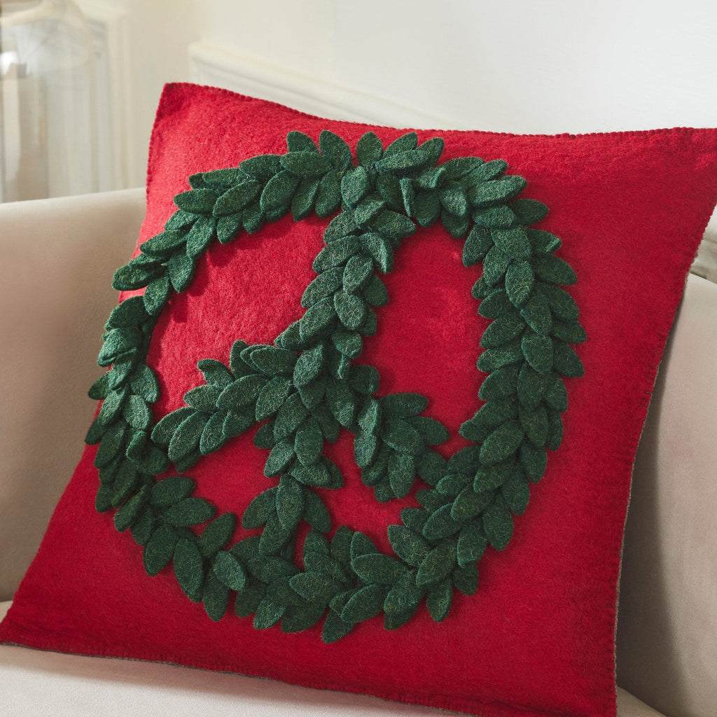 Hand Felted Wool Pillow, Green Peace Sign Red‚ 20" Arcadia Home