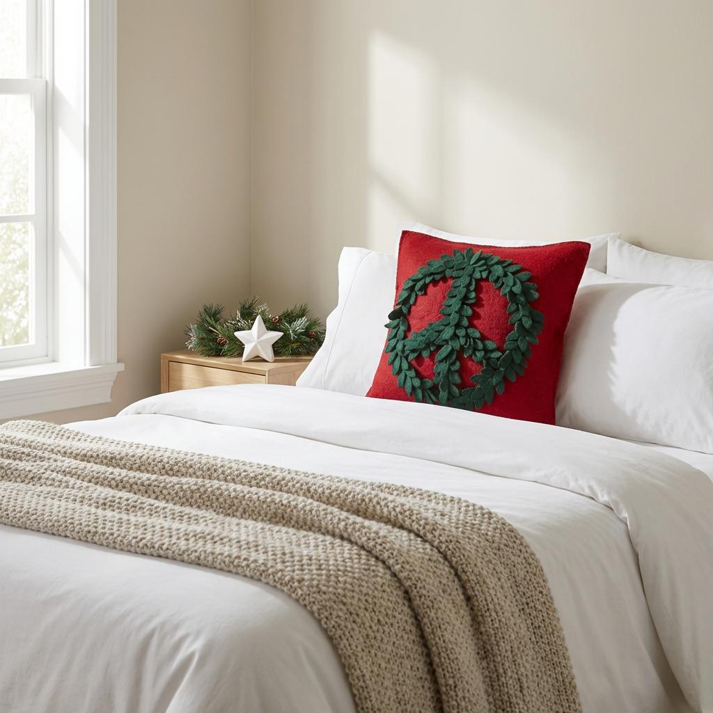 Hand Felted Wool Pillow, Green Peace Sign Red‚ 20" Arcadia Home