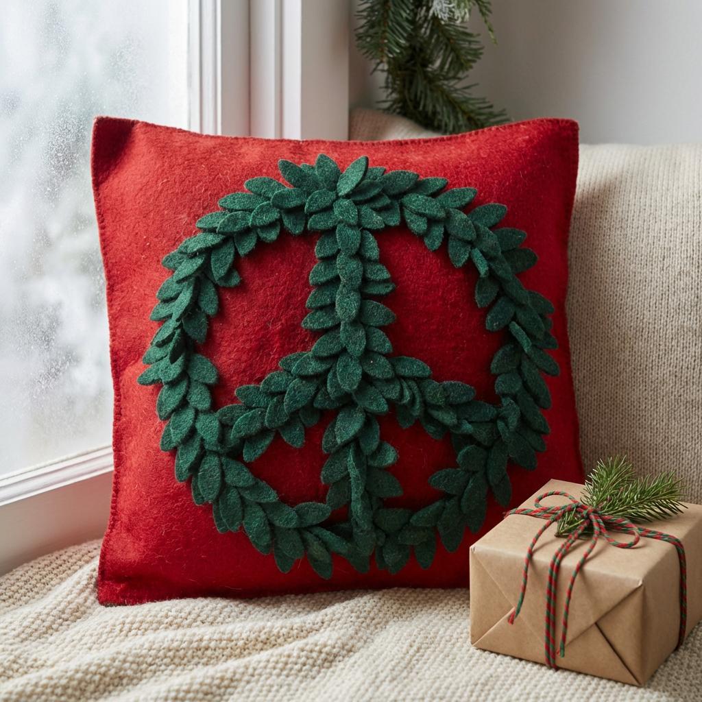 Hand Felted Wool Pillow, Green Peace Sign Red‚ 20" Arcadia Home