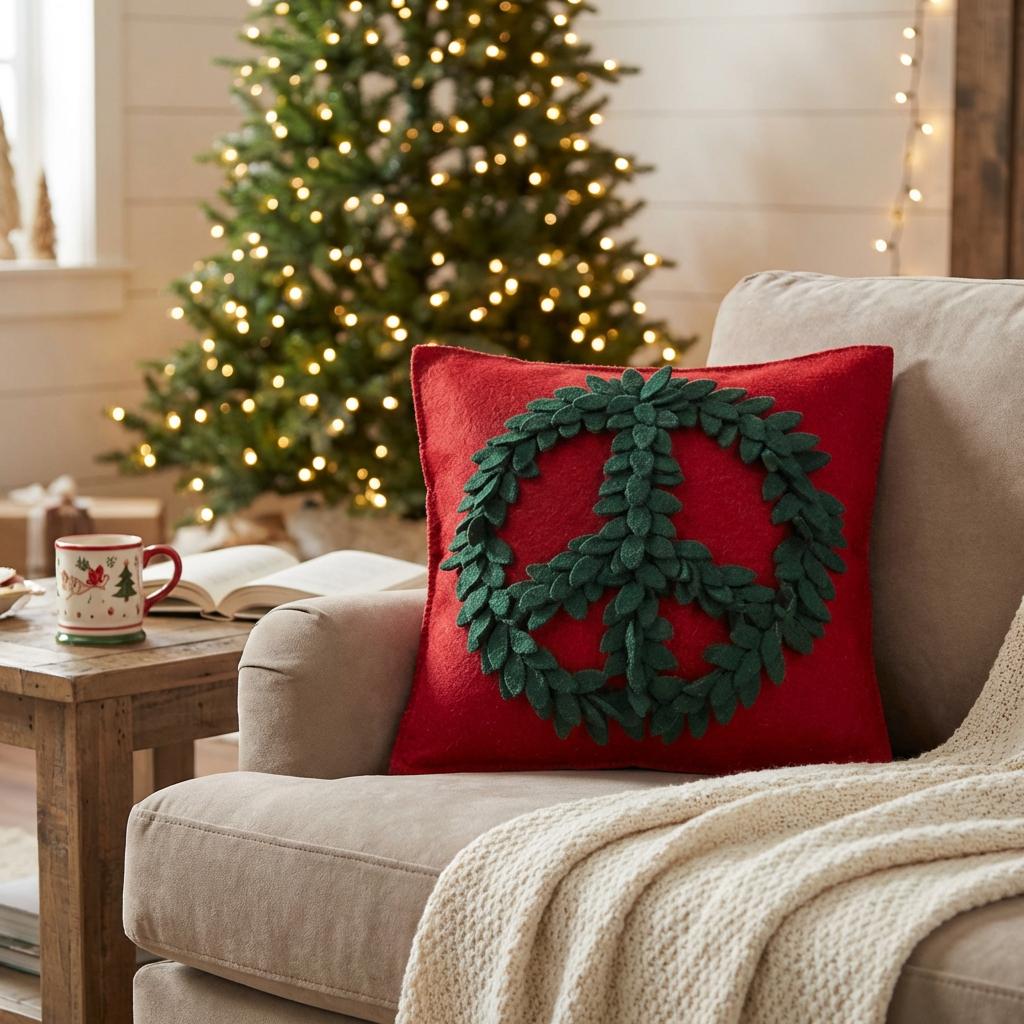 Hand Felted Wool Pillow, Green Peace Sign Red‚ 20" Arcadia Home