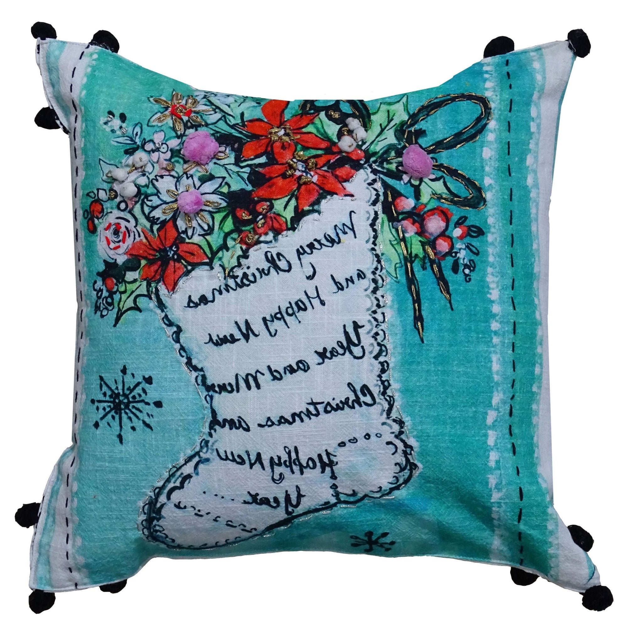 Hand Illustrated Christmas Holiday Pillow (Stocking, 18"x18") - Che Cose Belle