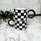 Black And White Checkered Ceramic Mug 13.5oz Hand-Painted Retro Dishwasher Safe