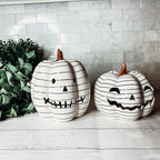 Hand Painted Black White LED Striped Pumpkin Minimalist Fall Halloween Decor