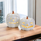 Hand Painted Black White LED Striped Pumpkin Minimalist Fall Halloween Decor