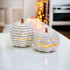 Hand Painted Black White LED Striped Pumpkin Minimalist Fall Halloween Decor