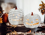 Hand Painted Black White LED Striped Pumpkin Minimalist Fall Halloween Decor