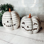 Hand Painted Black White LED Striped Pumpkin Minimalist Fall Halloween Decor