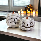 Hand Painted Black White LED Striped Pumpkin Minimalist Fall Halloween Decor