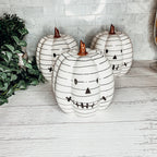 Hand Painted Black White LED Striped Pumpkin Minimalist Fall Halloween Decor