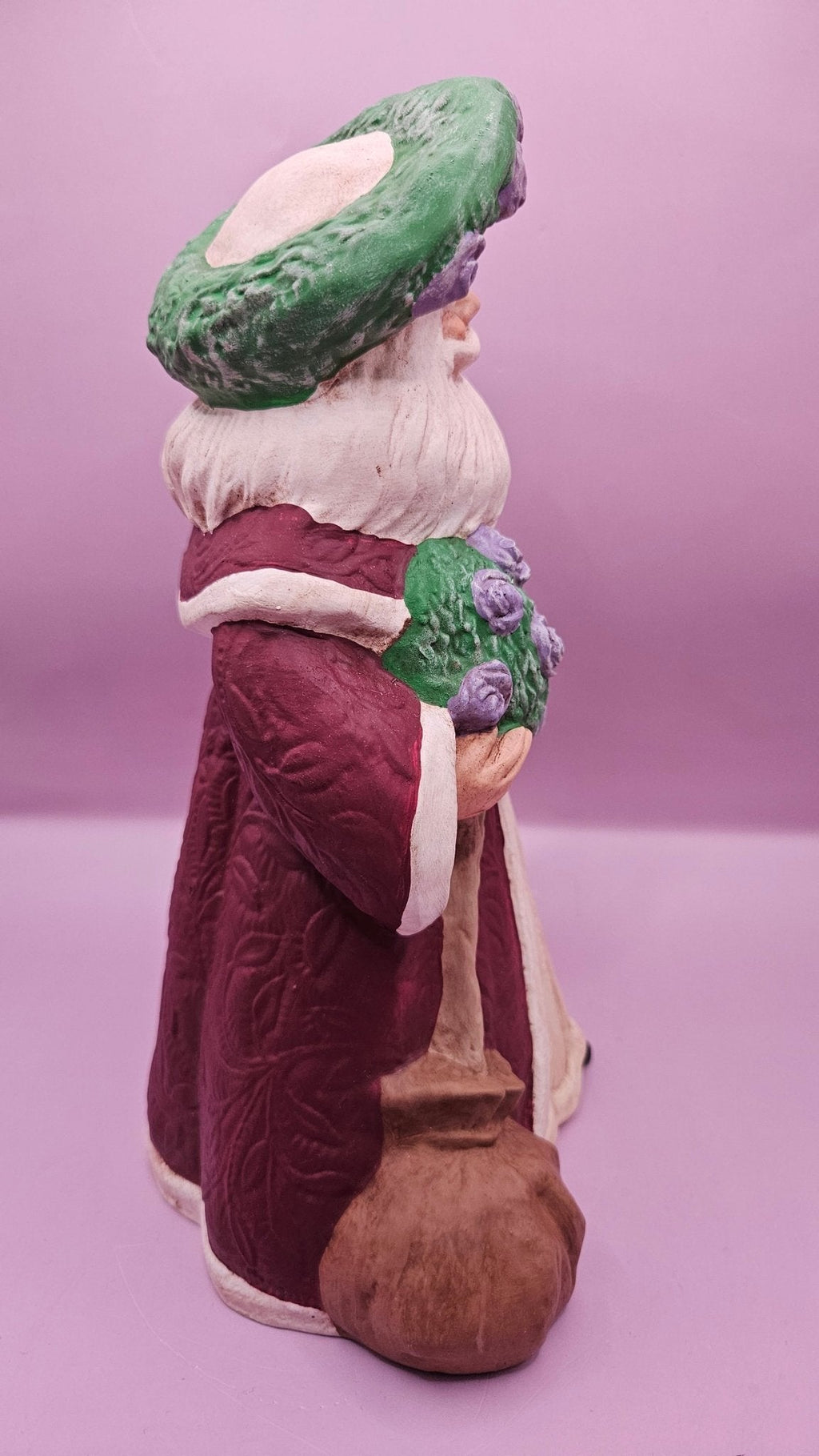 Hand-Painted Lavender Rose Santa Figurine - 10x6.5 Rustic Holiday Charm - Che Cose Belle