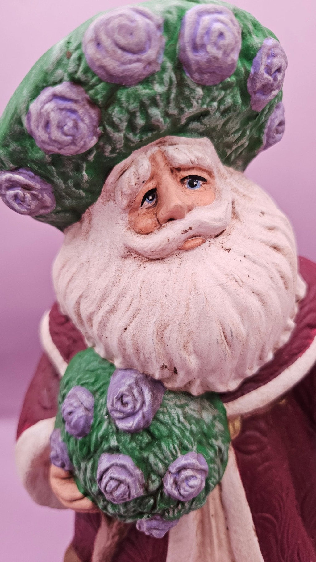 Hand-Painted Lavender Rose Santa Figurine - 10x6.5 Rustic Holiday Charm - Che Cose Belle
