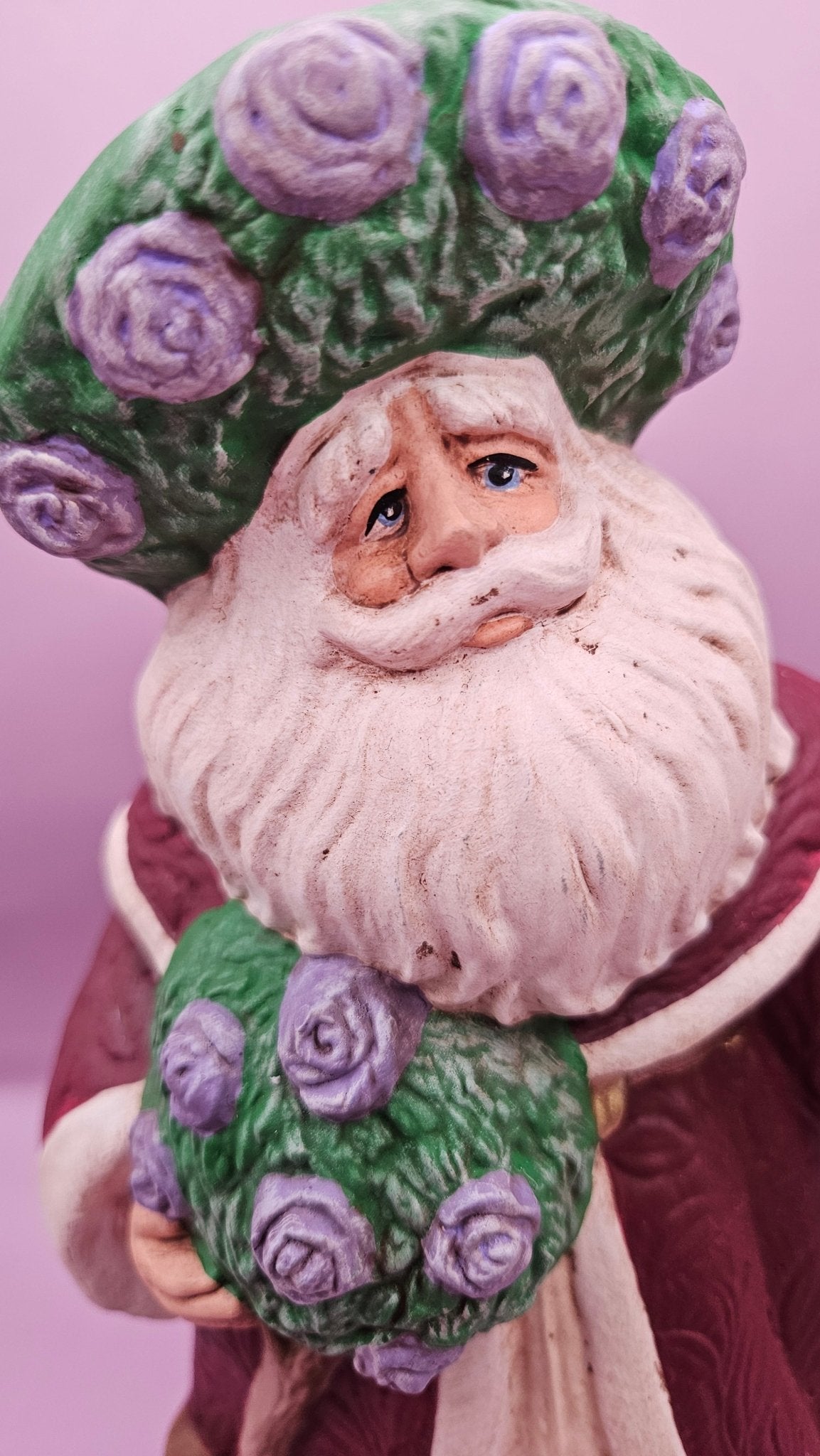 Hand-Painted Lavender Rose Santa Figurine - 10x6.5 Rustic Holiday Charm - Che Cose Belle
