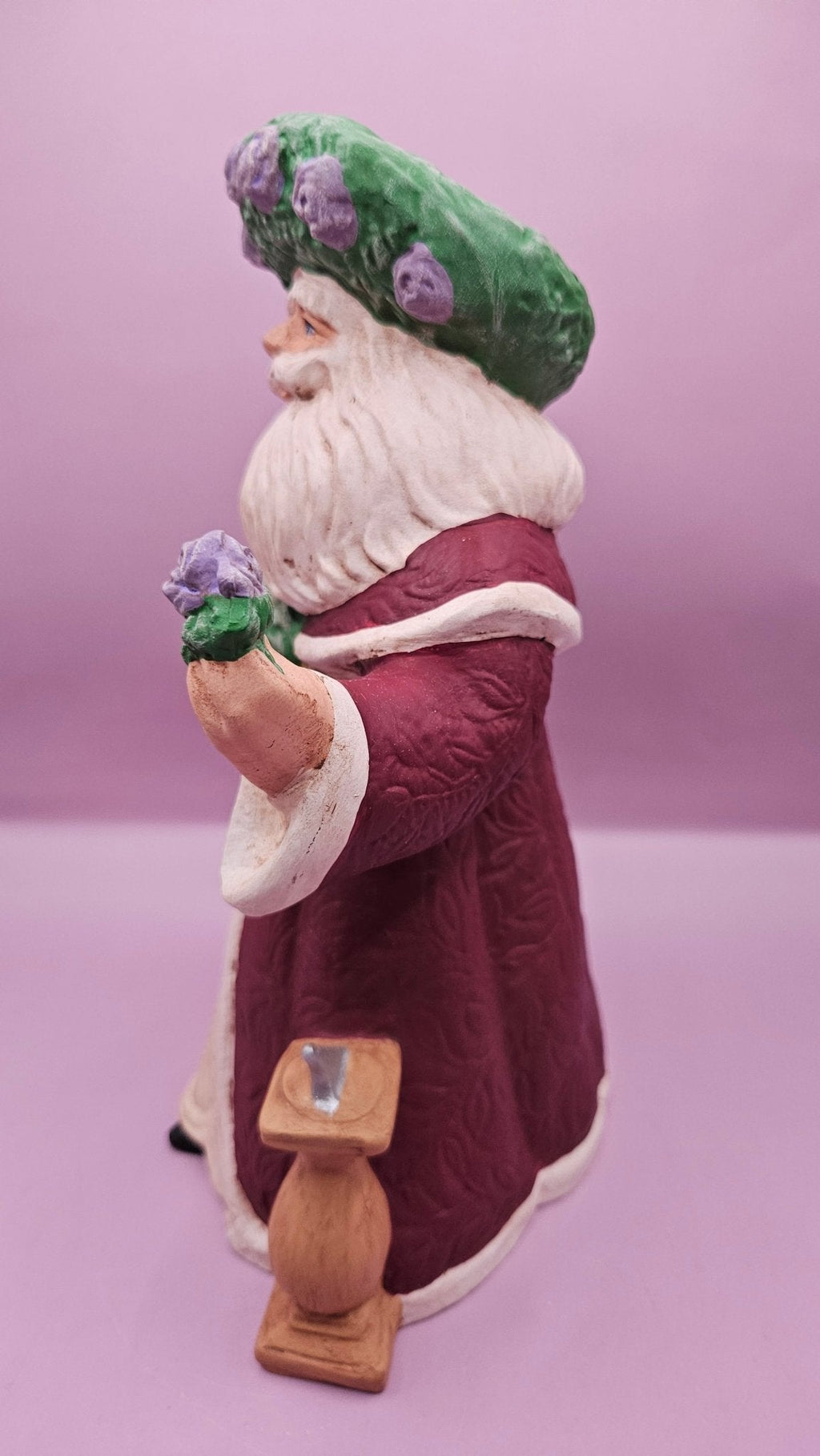 Hand-Painted Lavender Rose Santa Figurine - 10x6.5 Rustic Holiday Charm - Che Cose Belle