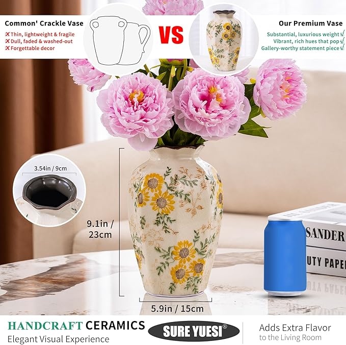 Hand-Painted Sunflower Vintage Ceramic Octagonal Vase, Green Yellow Beige Flower Vases for Bouquet, Fireplace Mantle, Table Centerpieces, Bookshelf, Office, Chinoiserie Floral Home Decorations 9.1 in - Che Cose Belle
