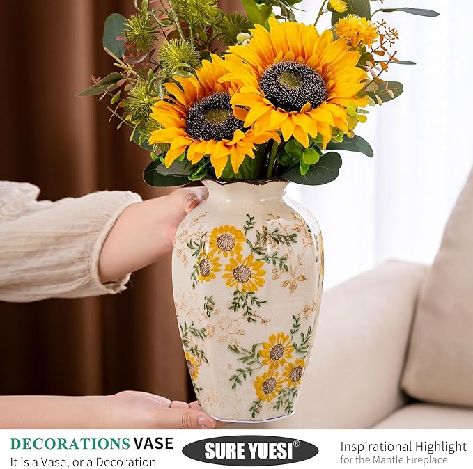 Hand-Painted Sunflower Vintage Ceramic Octagonal Vase, Green Yellow Beige Flower Vases for Bouquet, Fireplace Mantle, Table Centerpieces, Bookshelf, Office, Chinoiserie Floral Home Decorations 9.1 in - Che Cose Belle