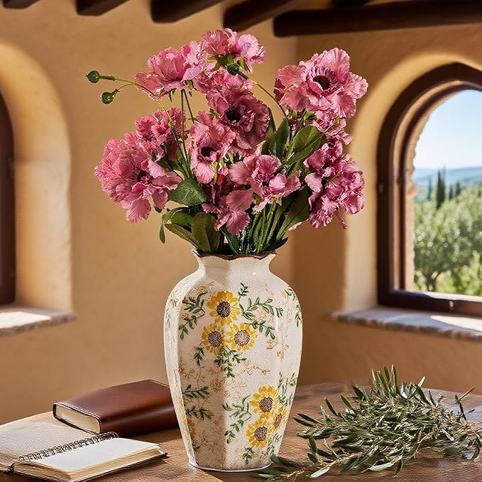 Hand-Painted Sunflower Vintage Ceramic Octagonal Vase, Green Yellow Beige Flower Vases for Bouquet, Fireplace Mantle, Table Centerpieces, Bookshelf, Office, Chinoiserie Floral Home Decorations 9.1 in - Che Cose Belle