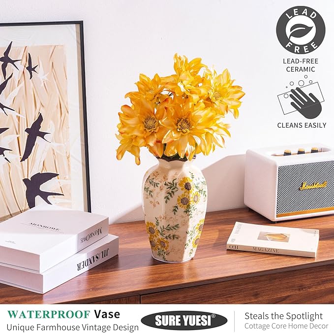 Hand-Painted Sunflower Vintage Ceramic Octagonal Vase, Green Yellow Beige Flower Vases for Bouquet, Fireplace Mantle, Table Centerpieces, Bookshelf, Office, Chinoiserie Floral Home Decorations 9.1 in - Che Cose Belle