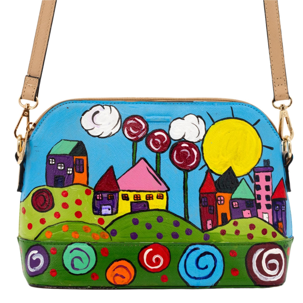 Hand-Painted Village Repurposed Purse | 10" x 3" x 7" | The Painted Attic - Che Cose Belle