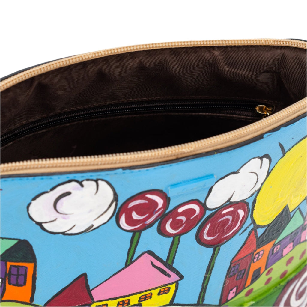 Hand-Painted Village Repurposed Purse | 10" x 3" x 7" | The Painted Attic - Che Cose Belle