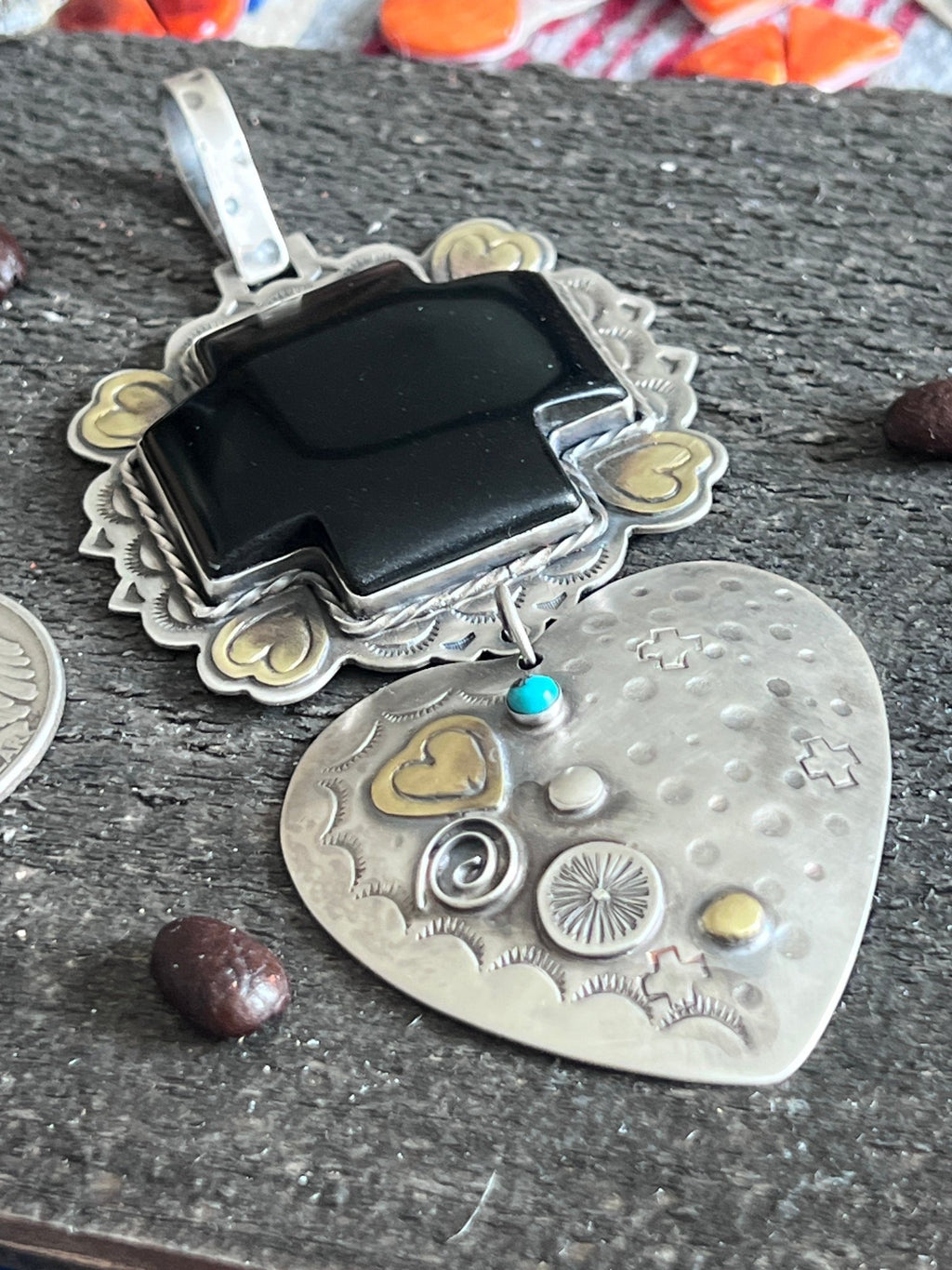 Hand Stamped Sterling Silver & Black Marble Santa Fe Cross and Heart Pendant by Kimari Somers - Che Cose Belle