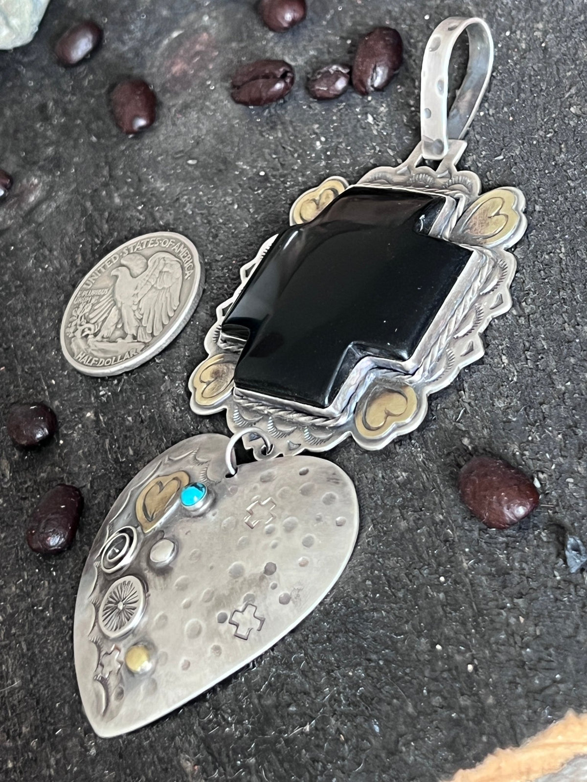 Hand Stamped Sterling Silver & Black Marble Santa Fe Cross and Heart Pendant by Kimari Somers - Che Cose Belle