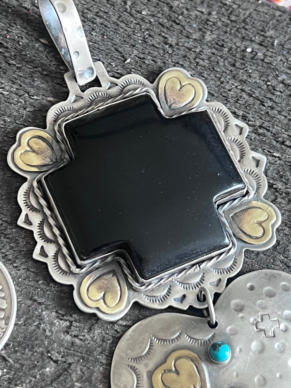Hand Stamped Sterling Silver & Black Marble Santa Fe Cross and Heart Pendant by Kimari Somers - Che Cose Belle