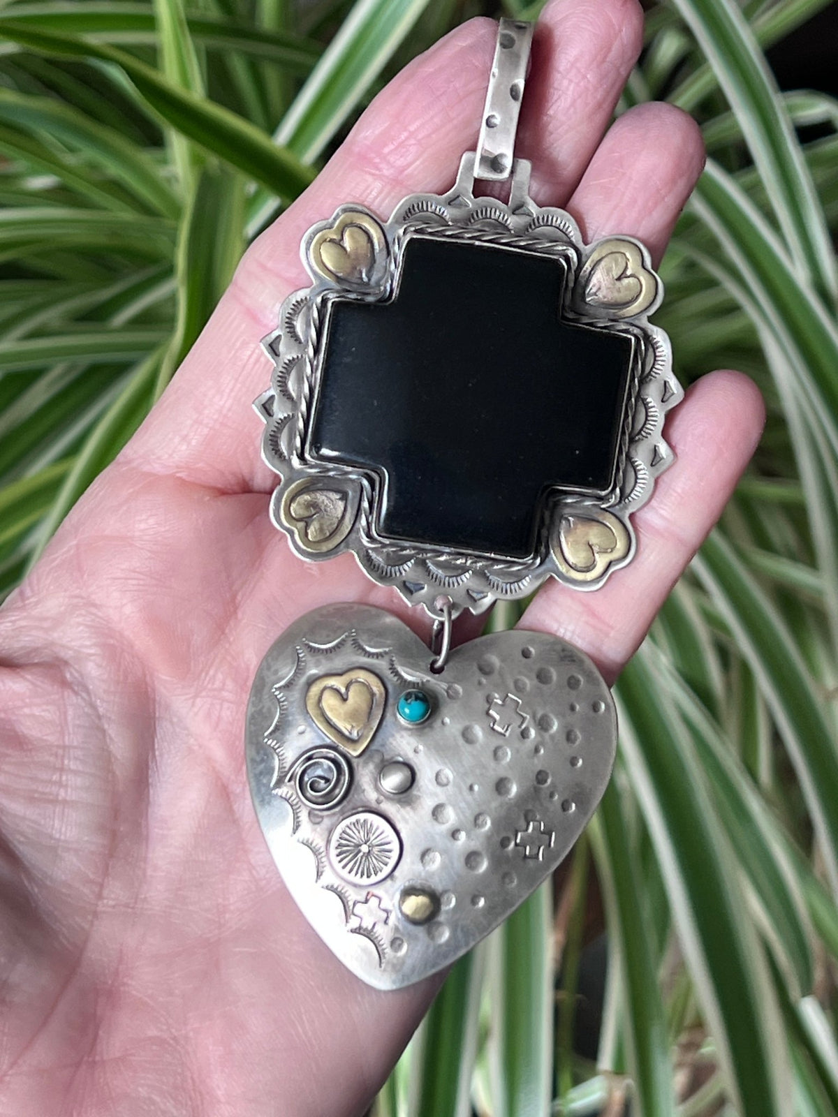 Hand Stamped Sterling Silver & Black Marble Santa Fe Cross and Heart Pendant by Kimari Somers - Che Cose Belle