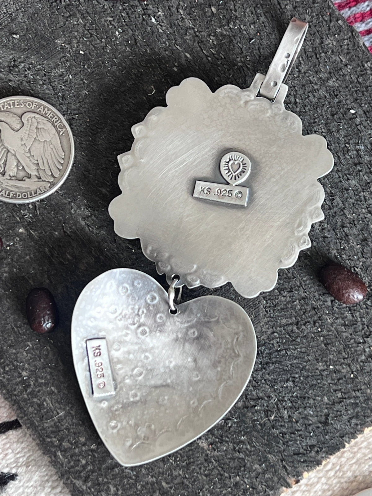 Hand Stamped Sterling Silver & Black Marble Santa Fe Cross and Heart Pendant by Kimari Somers - Che Cose Belle