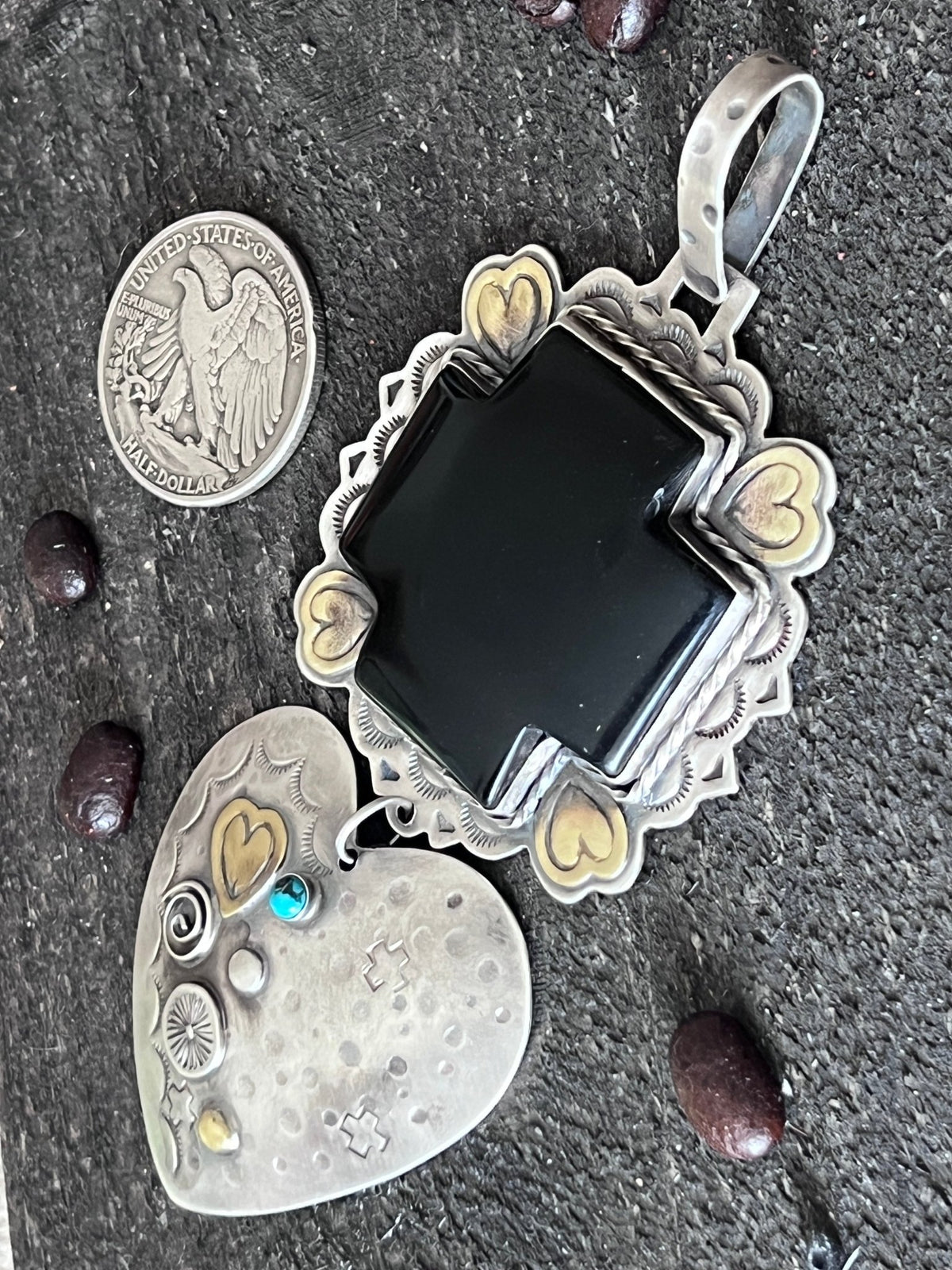 Hand Stamped Sterling Silver & Black Marble Santa Fe Cross and Heart Pendant by Kimari Somers - Che Cose Belle