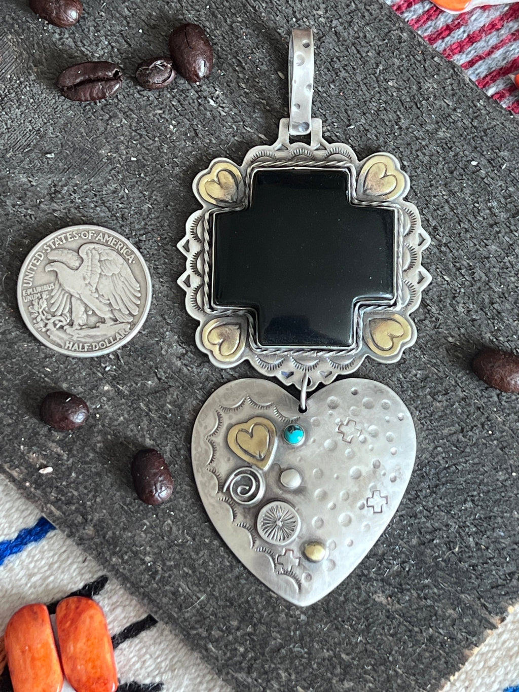 Hand Stamped Sterling Silver & Black Marble Santa Fe Cross and Heart Pendant by Kimari Somers - Che Cose Belle